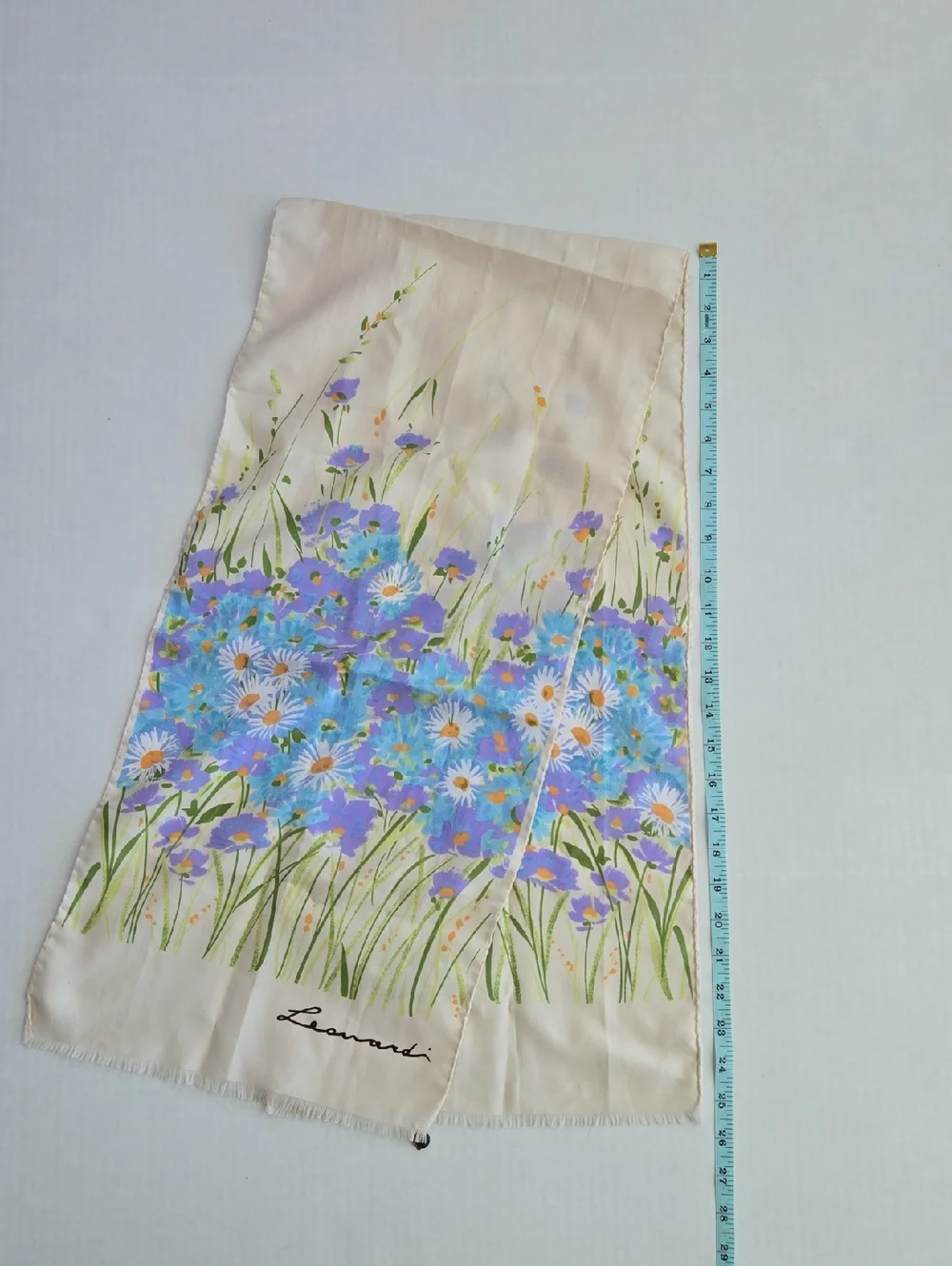 Leonardi Vintage Italian Floral Scarf in Cream with Blue & Green Bouquet Daisies